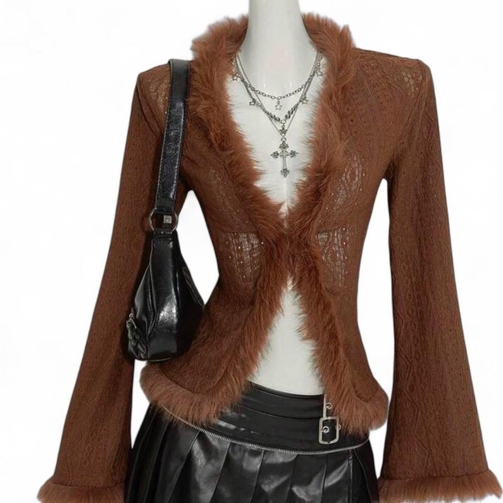 Brown Faux Fur Trimmed Women's Sweater